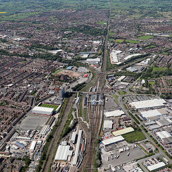 Overhead view of Crewe town centre