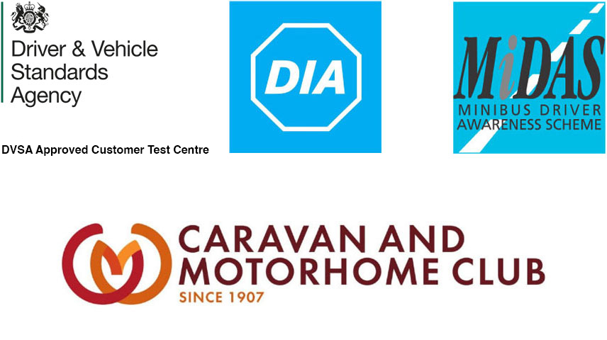 Driver & Vehicle Standards Agency DVSA Approved Test Centre, DIA, Midas Minibus Driver Awareness, Caravan and Motorhome Club