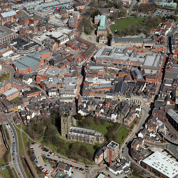 Overhead view of Wrexham city centre